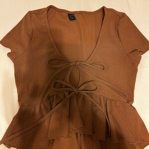SHEIN Brown Tie-Front Peplum Blouse
